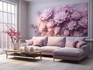 Illustration of a cozy living room with a captivating painting as the focal point. Generative AI