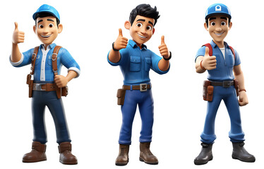 3D render worker man Plumber character cartoon style Isolated on transparent background