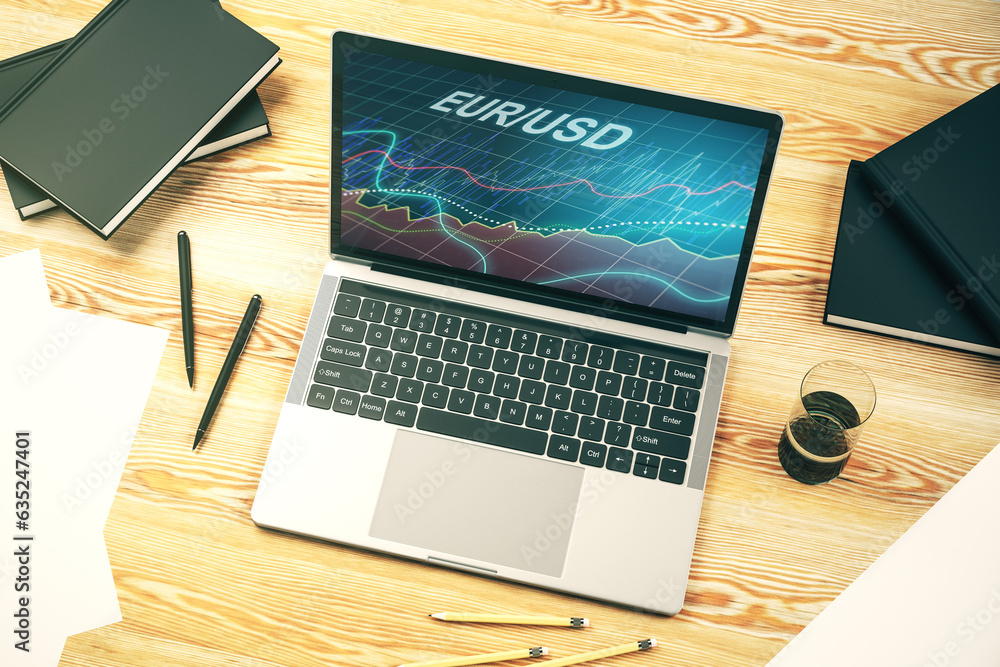 Poster Modern computer monitor with creative EURO USD forex chart hologram. Banking and investing concept. 3D Rendering