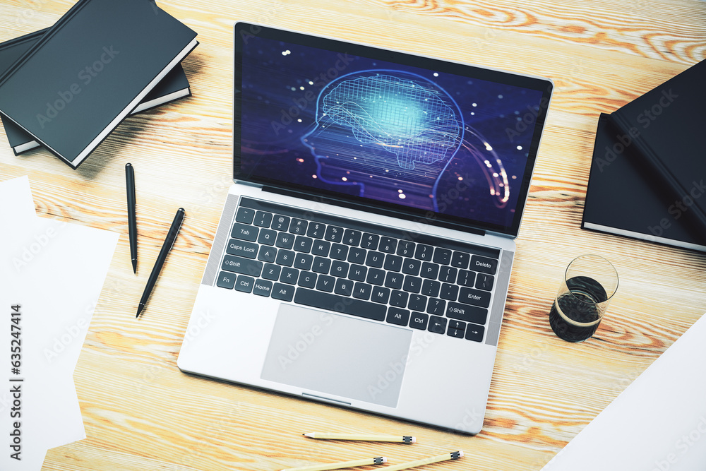 Aufkleber modern computer monitor with creative artificial intelligence symbol. neural networks and machine le