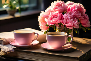 coffee cups on table with book and peony