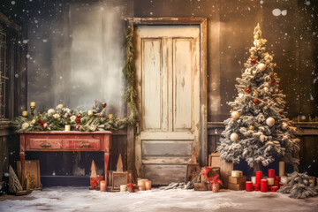 Stylish interior of living room with decorated Christmas tree. Christmas decoration.