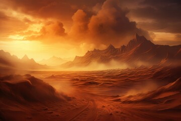 Fototapeta na wymiar Desert's Fury: Hyper-Realistic Sandstorm and Shifting Dunes Concealing Ancient Pyramids 
