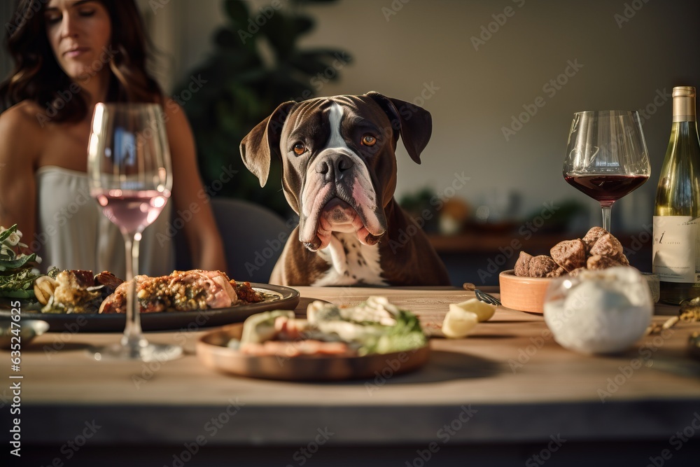 Wall mural a dog is sitting at a table with people, food on the table, a home party