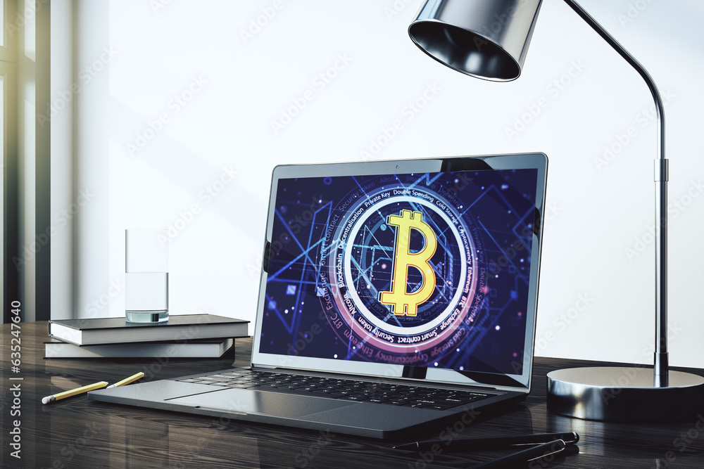 Aufkleber Modern computer display with creative Bitcoin symbol hologram. Mining and blockchain concept. 3D Rendering