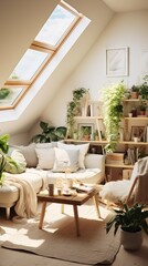 A cozy warm living room with thick white walls and white floor furnitures looks like a flea market lot of plants raw plank hanged on the walls small window