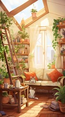 Fototapeta na wymiar A cozy warm living room with thick white walls and white floor furnitures looks like a flea market lot of plants raw plank hanged on the walls small window