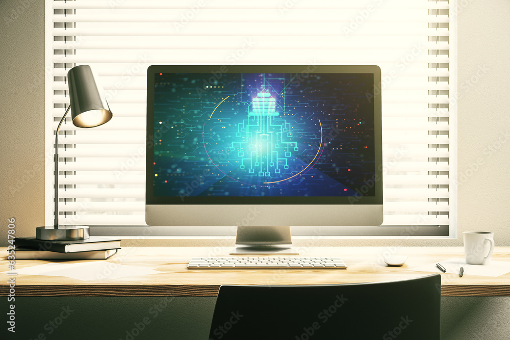 Poster Creative idea concept with light bulb and microcircuit illustration on modern laptop screen. Neural networks and machine learning concept. 3D Rendering