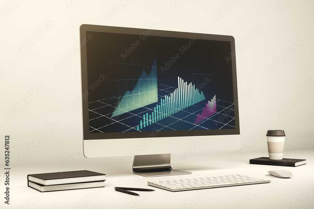 Aufkleber modern computer screen with abstract creative financial chart, research and analytics concept. 3d re