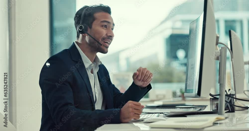 Poster consulting, online and a man in a call center with a computer for telemarketing and technical suppor