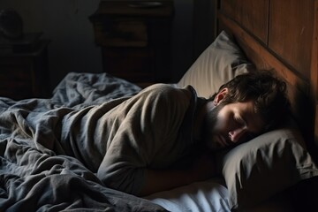 Fototapeta na wymiar Sad man facing depression lying in bed