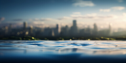 Fototapeta premium Blue water and small ripples in the foreground, a blurred city skyline in the distance, perfect for product presentation.