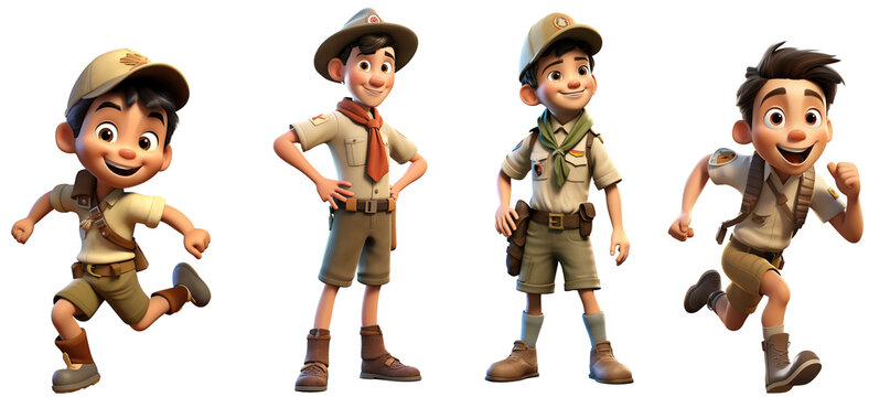 Set Of Cute Little boy scout Kids Wear Scout honor uniform. 3D render character cartoon style Isolated on transparent background
