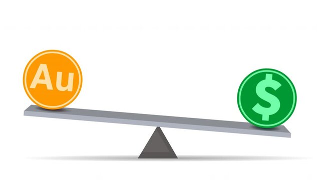 Gold vs Dollar, scale animation. US money versus ounces, loop motion. Exchange America USD world XAU, icon, symbols unbalance on lever. Up dawn, ratio pair currency. Money Finance, economy video