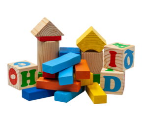 A mountain of wooden colored bars and cubes. Blue, yellow and red toys for children's construction games. No background. Photo in high quality