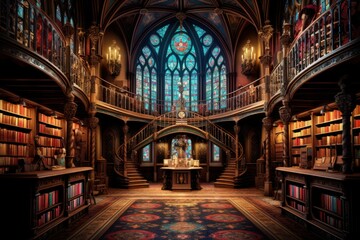 Fototapeta na wymiar Pinnacle of Learning: Hyper-Realistic Image of Ancient Library Interior, Towering Bookshelves, Grand Chandelier, Scholars in Concentration 