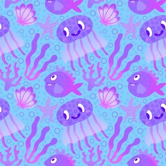 Cartoon fish seamless jellyfish and shall and coral pattern for fabrics and wrapping paper and kids clothes print