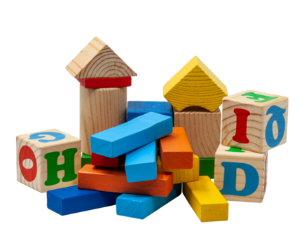 A mountain of wooden colored bars and cubes. Blue, yellow and red toys for children's construction games. No background. Photo in high quality