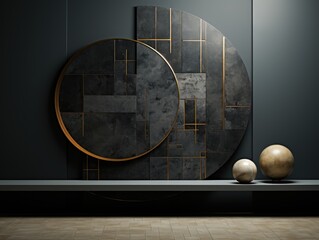 Illustration of a stylish black and gold wall with two decorative balls on a table. Generative AI