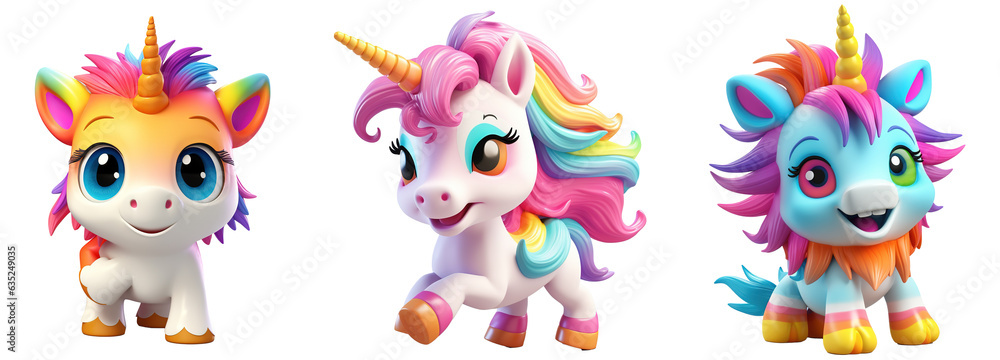 Wall mural 3d illustration of a happy unicorn on a rocking horse, with a very colorful mane. concept of happine - Wall murals
