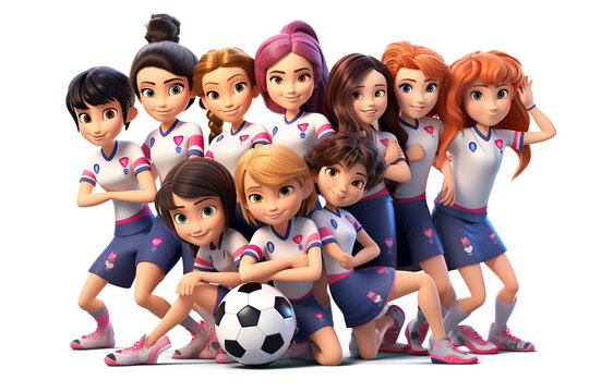 3d female football players. young girl Soccer team Cartoon soccer player. 3D render character cartoon style Isolated on transparent background