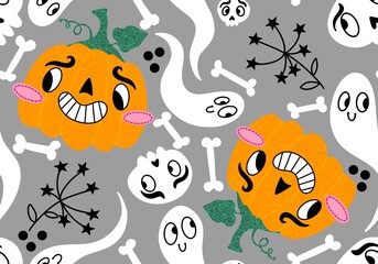 Halloween cartoon pumpkins seamless ghost and skulls pattern for wrapping paper and fabrics and kids clothes print
