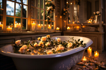 a white tub filled with flowers and candles