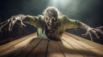 Scary zombie towards the camera in horror and Halloween scenario.