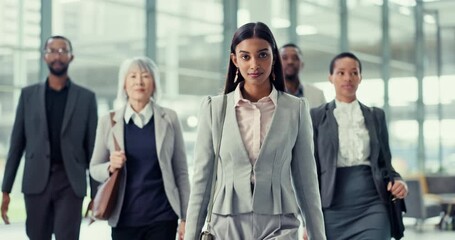 Business people, diversity and team walking with a mission and leader with mindset of future growth and progress. Teamwork, motivation and solidarity in goals with woman employee in office group