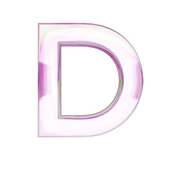 Letter "D" uppercase on transparent background. pink transparent glass 3D render font with dispersion.