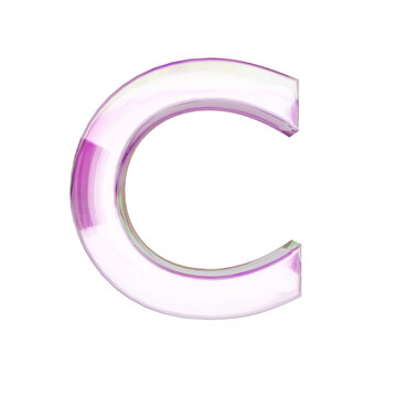 Letter "C" uppercase on transparent background. pink transparent glass 3D render font with dispersion.