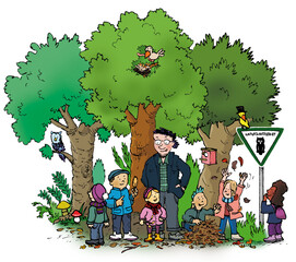 Children with a teacher in the wood
