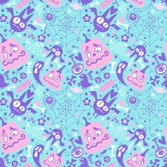 Halloween cartoon pumpkins seamless bat and ghost and candy and web pattern for wrapping paper and fabrics
