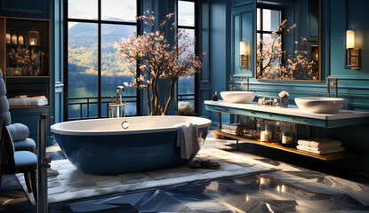 blue luxury bathroom with golden details - obrazy, fototapety, plakaty