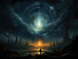 Illustration of a man admiring the beauty of a star-filled sky. Generative AI