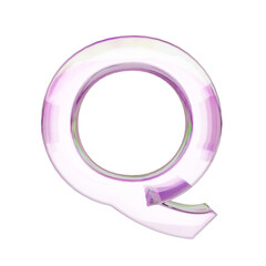 Letter "Q" uppercase on transparent background. pink transparent glass 3D render font with dispersion.