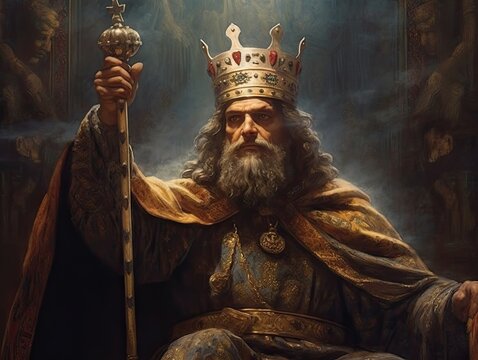 Illustration of a regal portrait of a man with a crown and sword. Generative AI