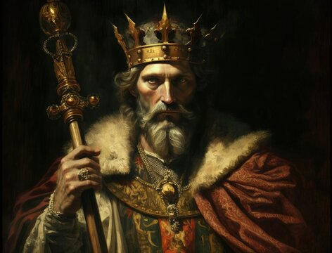 Illustration of a regal man holding a cross and wearing a crown in a painting. Generative AI