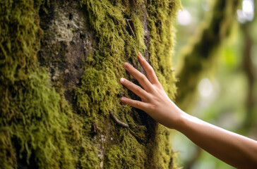 A hand delicately touching moss on a large tree trunk, reflecting a profound connection with nature and environmental responsibility, and aligns with ESG (Environmental, Social, Governance) concepts.