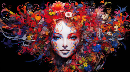 Girls face design with her hair completely replaces with colourful flowers.