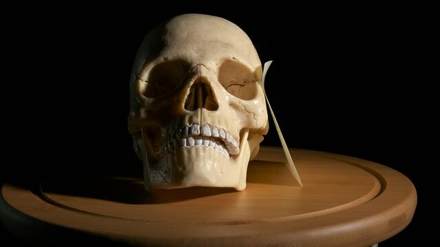 Office plan by skull. A view of sticky note with office plan by the human skull againstblackbackground. A concept with failed ideas for office work.
