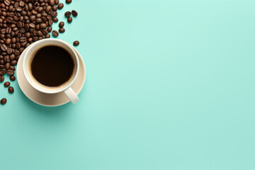 White Cup of Coffee Surrounded by Brown Coffee Beans on Mint Green Blue Background Generative AI