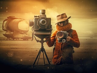 Illustration of a man capturing a moment with a camera on a tripod. Generative AI