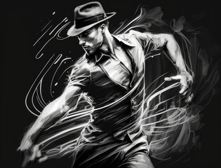 Illustration of a man wearing a stylish hat in a detailed pencil drawing. Generative AI