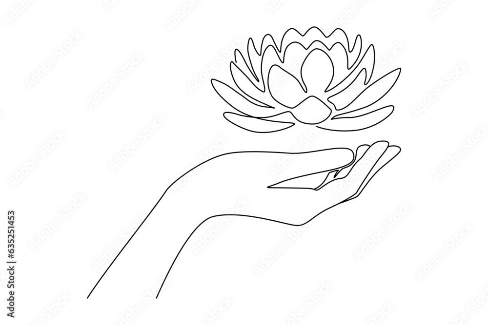 Poster continuous one line drawing of human hand with lotus flower. water lily buddhism concept in simple l