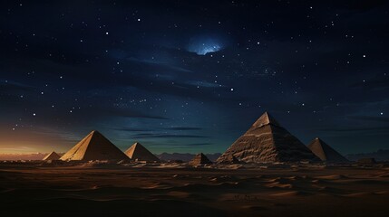 Landscape with ancient Egyptian pyramids, night view. AI generation - obrazy, fototapety, plakaty