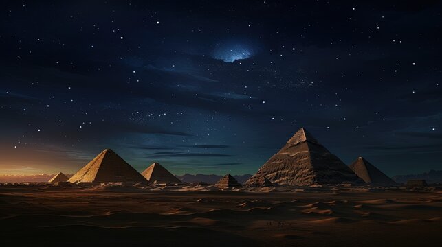 Landscape with ancient Egyptian pyramids, night view. AI generation
