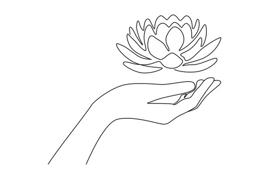 recommend clip art: Continuous one line drawing of human hand with lotus flower. Water lily buddhism concept in simple linear style. Editable stroke. Doodle outline vector illustration