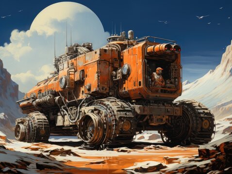 Illustration of an orange vehicle in the desert. Generative AI