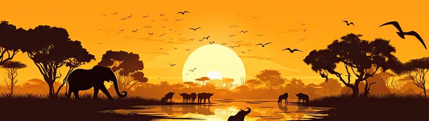 Fototapeta na wymiar a wildlife setting sun with lions, giraffes and other wild animals Generative AI